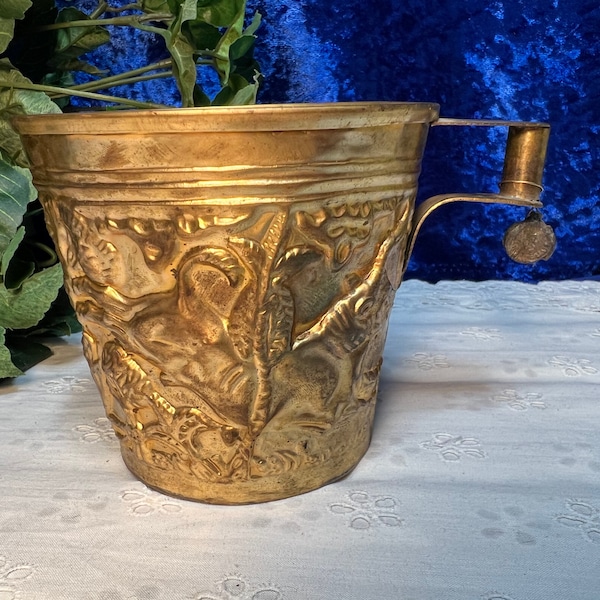 Vintage 1960s Brass Greek Reproduction of Ancient Minoan Vaphio cup, Marked on Bottom Made in Greece “Margo”, Attached Small Seal on Handle