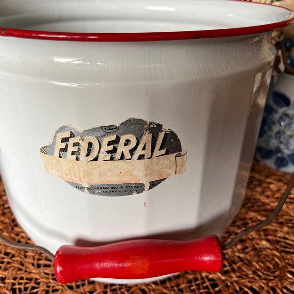 Vintage Enamelware Pail Bucket w/ Lid, Enamel Federal Vogue Combinet Graniteware, Rustic Country Farmhouse Kitchen Garden Decor