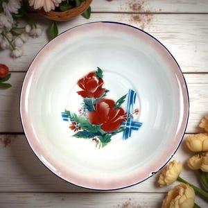 Vintage 1950s Enamelware Fruit Bowl Centerpiece, Rustic Farmhouse Kitchen Decor