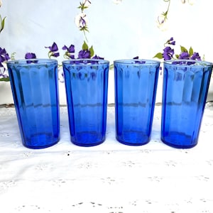 Vintage Cobalt Ritz Blue Optic Glasses, Set of 4 8 oz. Tumblers, Starburst Design on Bottom
