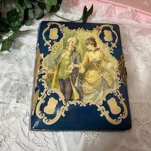 Antique Victorian Photo Album Celluloid, Dancing Couple on Cover, Blue Floral Cloth Back Cover, Gilded Edge Pages, Mothers Day Wedding Gift