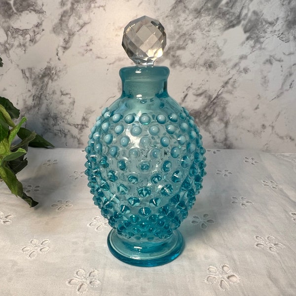 Vintage 1950s Fenton Perfume Bottle, Turquoise Aqua Blue Hobnail Opalescent w/ Round Stopper Dabber, Dresser Vanity Art Glass Decor