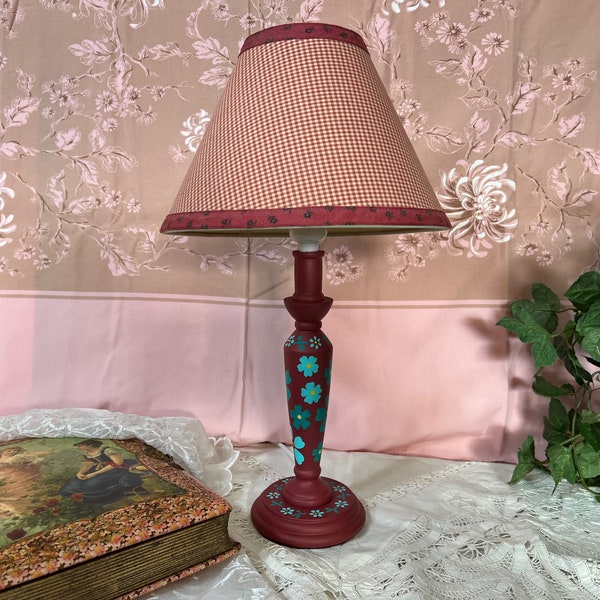 Hand Painted Vintage Table Lamp, Small Nightstand, EntryWay, Desk Lamp, Lovely Maroon & Teal, Eclectic, Boho, Hippie Decor, Flower Power