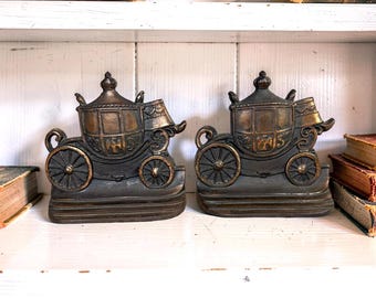 Antique Stagecoach Bookends, Cast Iron Set of 2, W. H. Howell Company