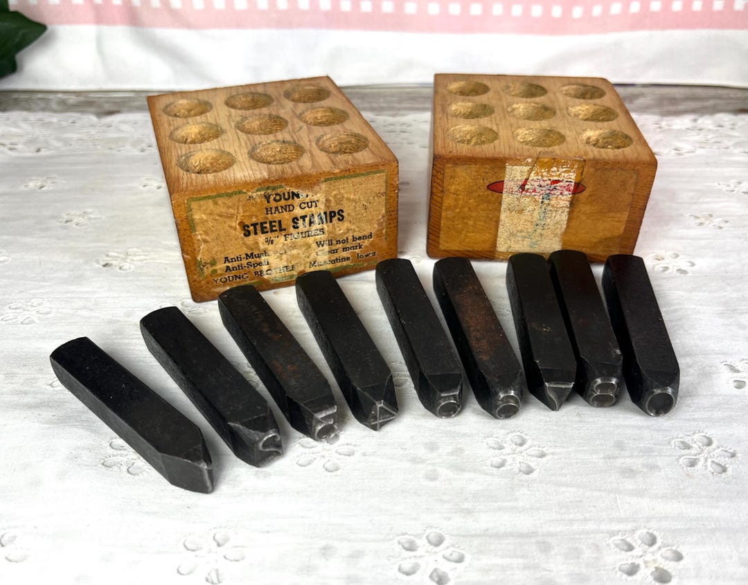 Vintage Steel Stamps, 3/8 Hand Cut Numbers 09, in Wood Box, Craft Tool