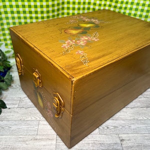 Vintage Hand Painted Small Trunk, 18x13x10 Handmade Cloth Lined Chest, Mid Century MCM Wood Storage Box, Country Cottage Farmhouse Decor