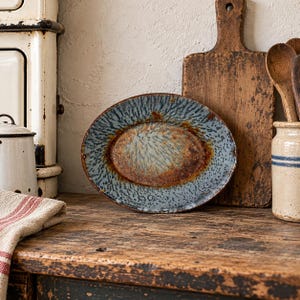 Antique Oval Spatter Graniteware Pan, Gray Mottled Enamelware, Primitive Kitchen Decor, 10 1/2”
