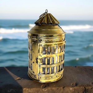 Antique Brass Candle Lantern: Original Mica Windows, 1800s Maritime Coastal Decor