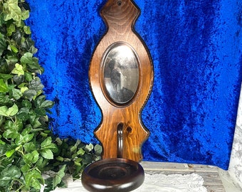 Vintage Aladdin Oil Lamp Holder, 24” Tall Wood Wall Mount w/ Mirror, Country Farmhouse Wall Hanging Decor, Candle Plant Holder