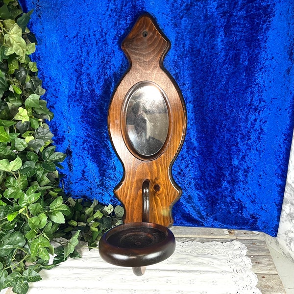 Vintage Aladdin Oil Lamp Holder, 24” Tall Wood Wall Mount w/ Mirror, Country Farmhouse Wall Hanging Decor, Candle Plant Holder