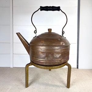 Antique Copper Revere Hearth Kettle Teapot with Brass Tripod Stand: Rustic Farmhouse Fireplace Decor