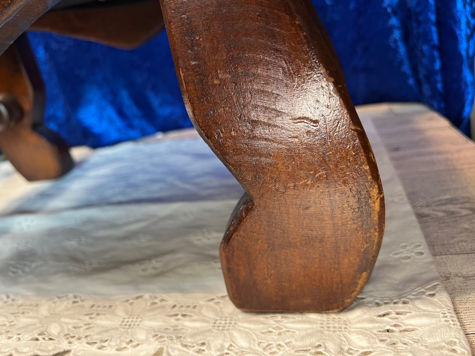 Unique Vintage Footstool, Wood W/ Long Stitch Yarn