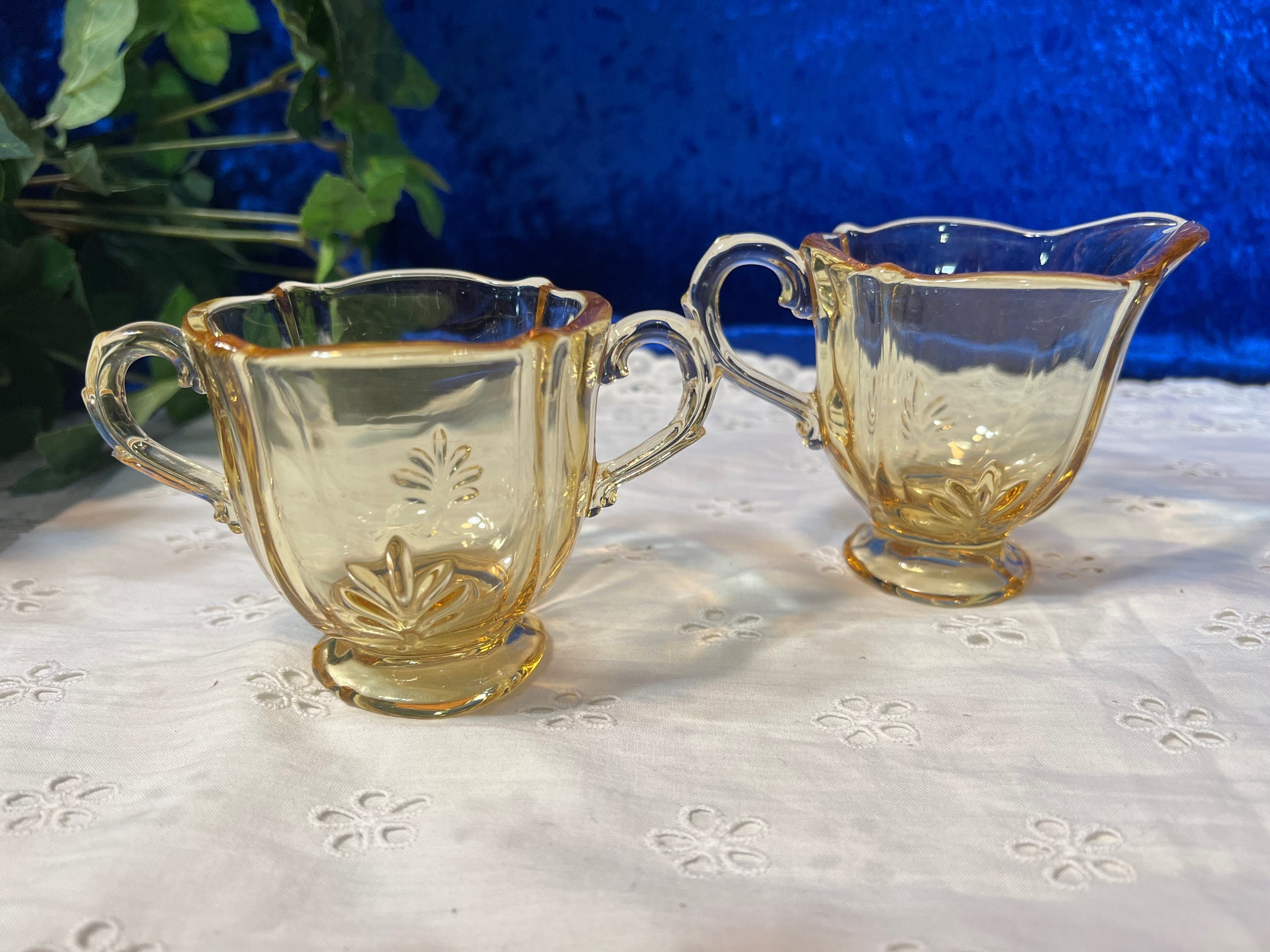 Vintage 1930s Creamer Sugar Sets, Fostoria Glass, Baroque Pattern