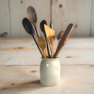 Vintage Stoneware Crock w/ Antique & Vintage Wooden Spoons Utensils, Primitive Rustic Country Farmhouse Kitchen Decor Utensil Holder Storage