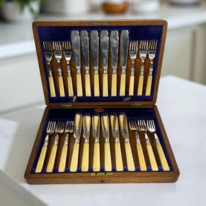 Antique 1908 Fish Cutlery, Engraved Sheffield Silver Plate, Bone Handles, Hallmarked British Utensils, 12 Settings in Box, Knives Forks
