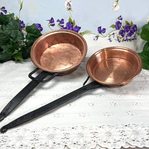 Vintage Copper Fry Pans, Wrought Iron Handles, Rustic French Country Cottage Farmhouse Kitchen Wall Hanging Decor