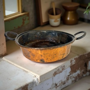 Antique 1800s Primitive Copper Pot Pan w/ Antique Repairs, Forged Iron Handles, Rustic French Country Cottage Farmhouse Kitchen Decor