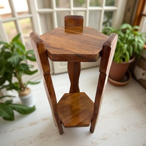 Vintage Mid Century Plant Stand: Mission Style Hexagonal End Table