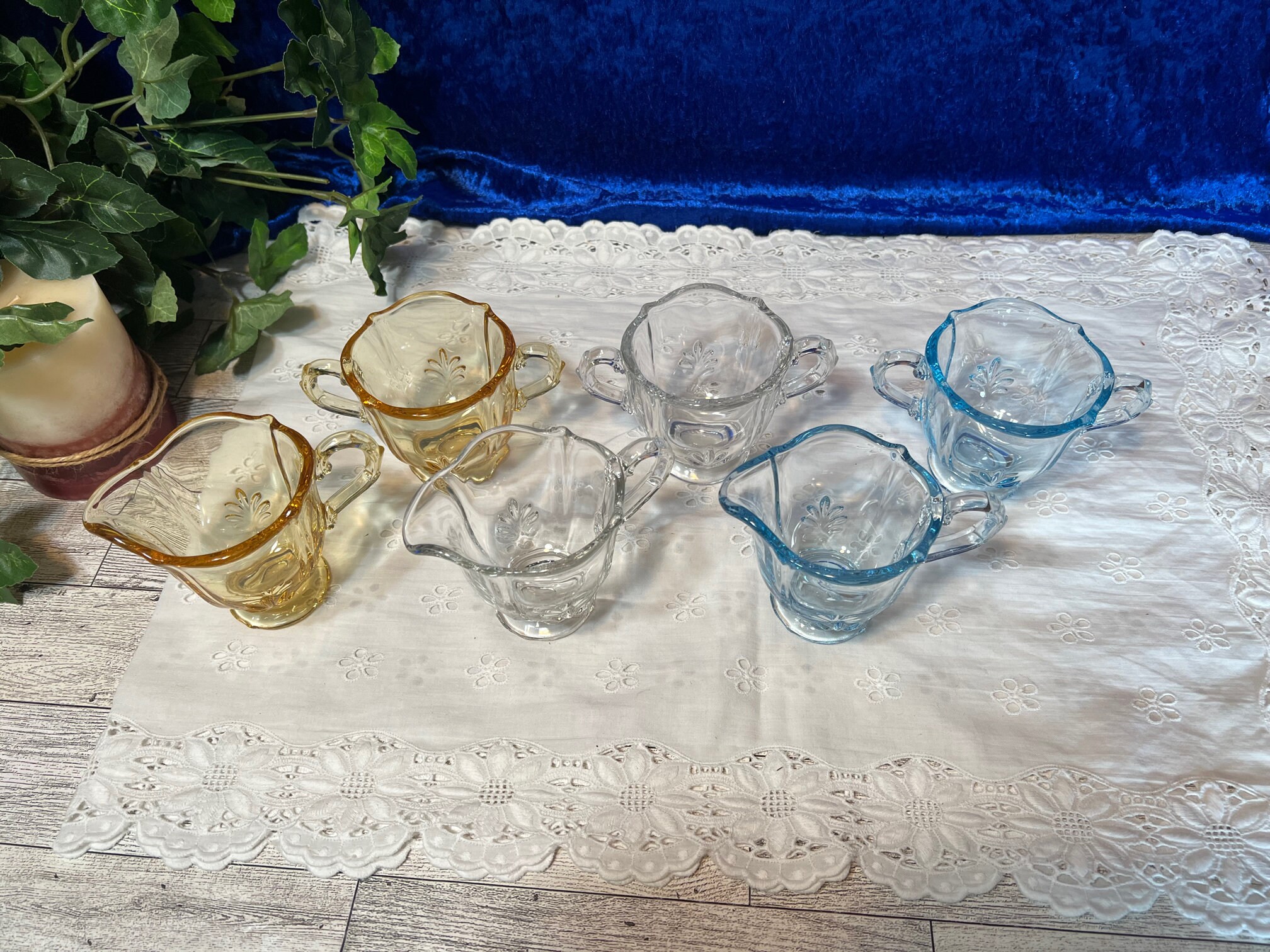 Vintage 1930s Creamer Sugar Sets, Fostoria Glass, Baroque Pattern