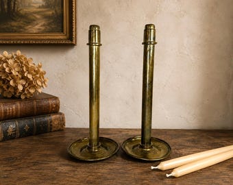 Antique Brass Spring Loaded Candlesticks, Victorian Chamberstick Candle Holders, Pair