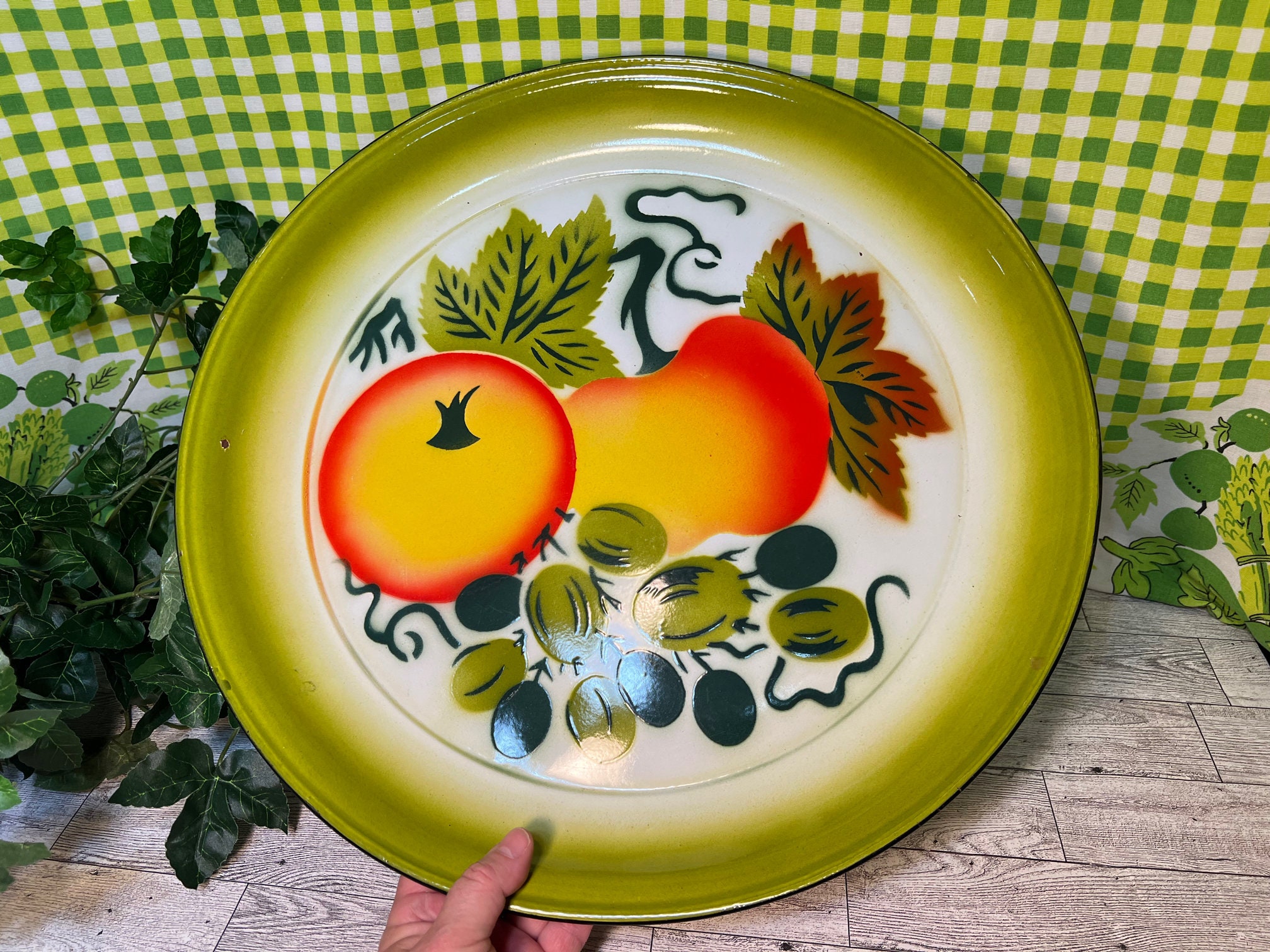 Vintage Retro Enamelware 12” Bowl & 18” Platter Set, MCM Mid