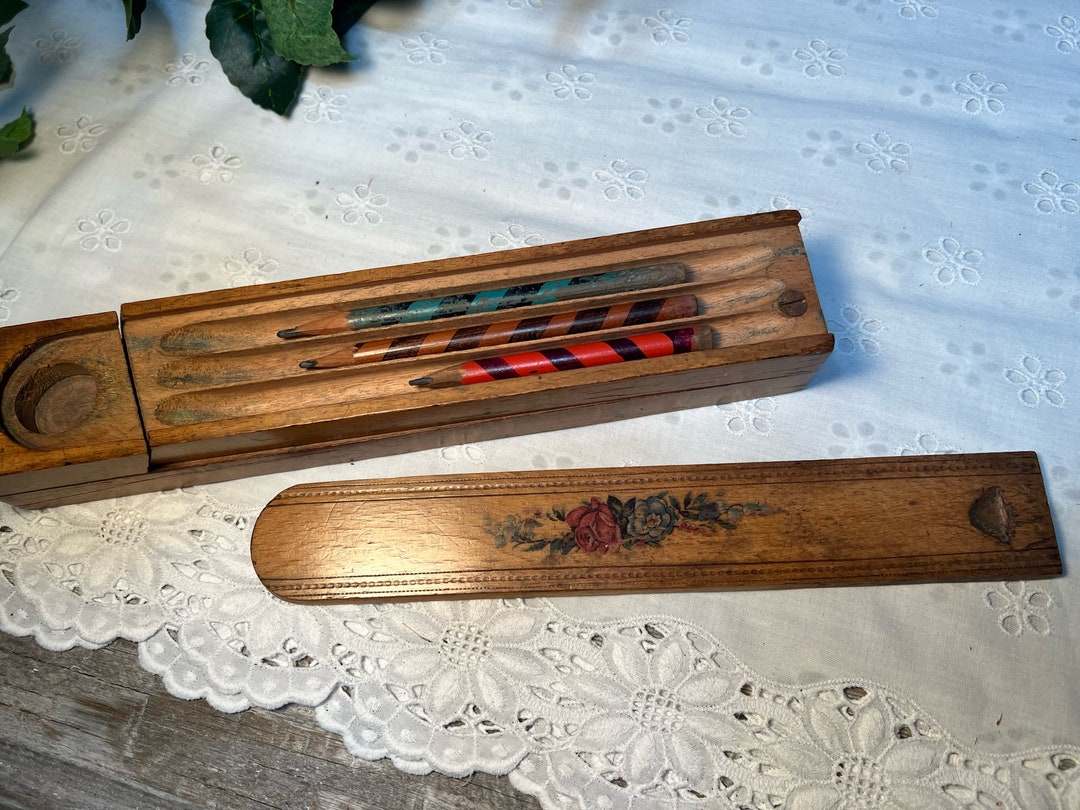 Antique Wood Pencil Box Case, Late 1800searly 1900s, Sliding Cover