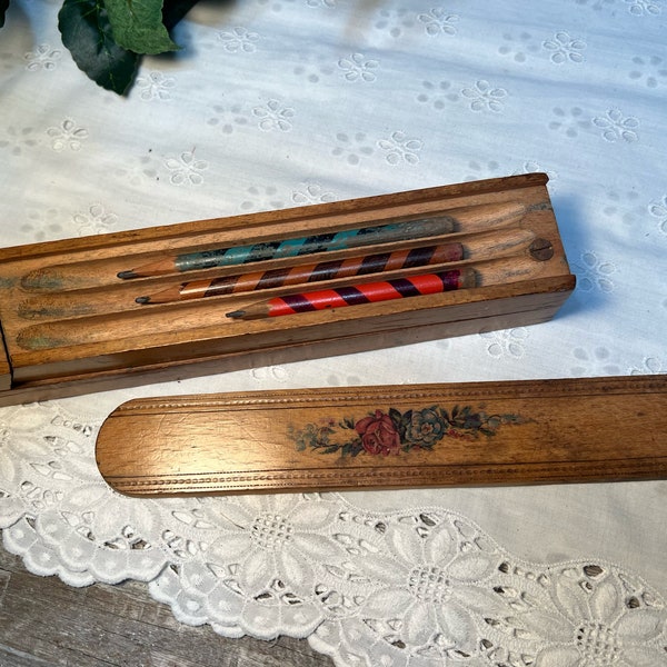 Antique Wood Pencil Box Case, Late 1800s-Early 1900s, Sliding Cover, Swivel for Second Compartment, Includes Antique Pencils, Pen Nibs