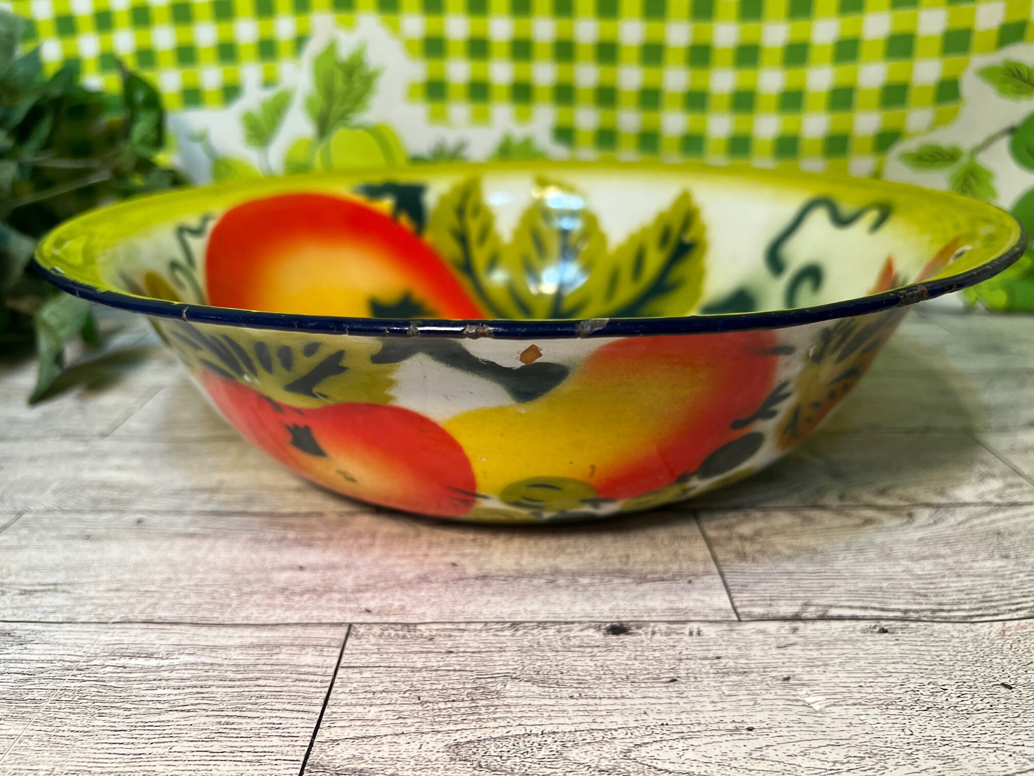 Vintage Retro Enamelware 12” Bowl & 18” Platter Set, MCM Mid