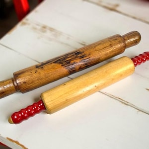 Antique Vintage Rolling Pins w/ Hangers, Wood / Red Handles, Primitive Rustic Country Cottage Farmhouse Kitchen Wall Hanging Decor Choice
