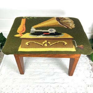Vintage Needlepoint Footstool: Victorian Victrola Design, Shabby Chic Cottage Decor