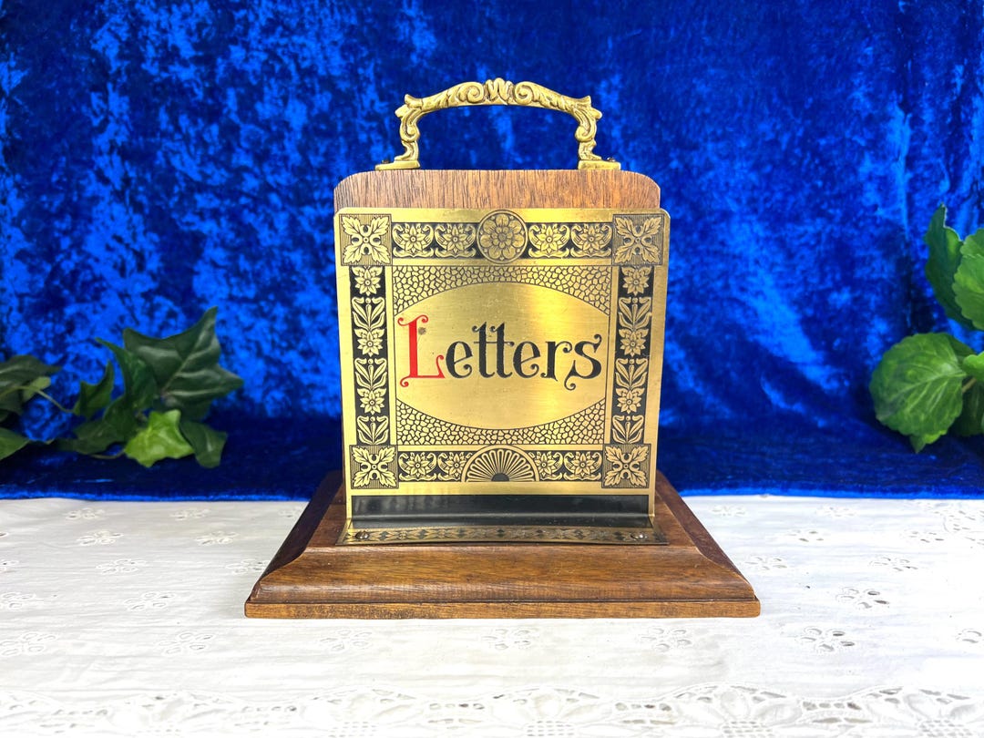 Antique Edwardian Brass Letter Holder Rack, Wood Base Mail Sorter ...