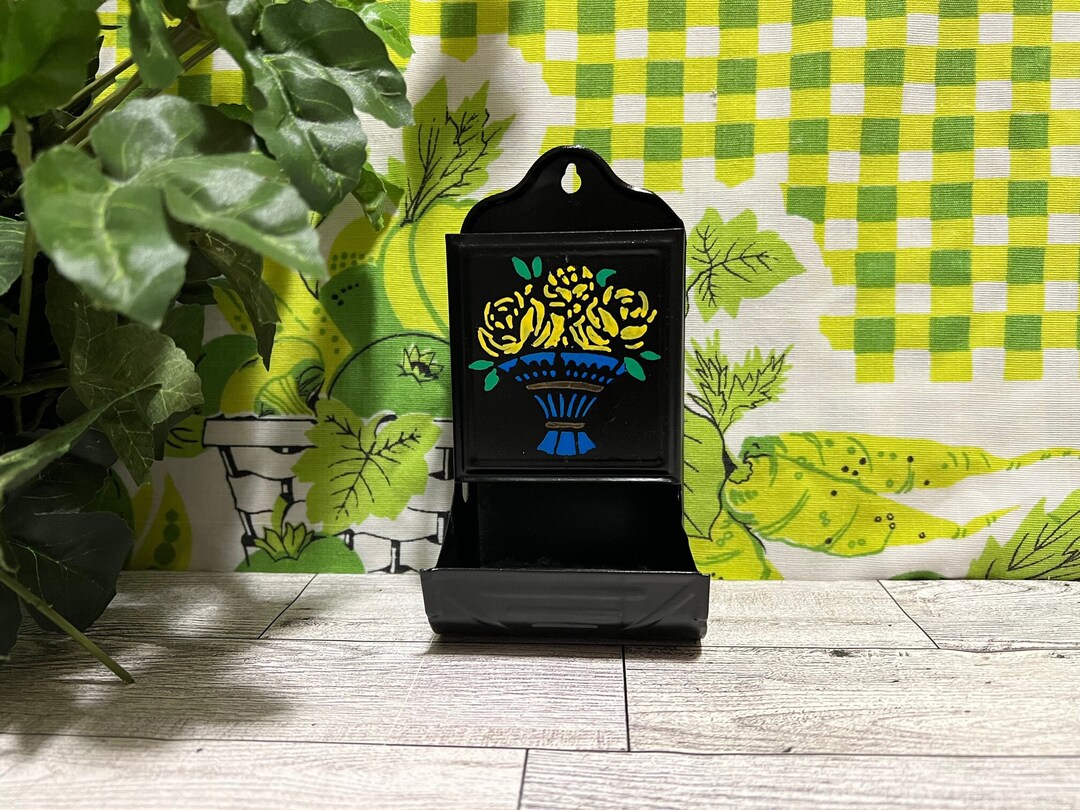 Hand Painted 1940s Metal Matchbox Holder, Wall Mount Match Box Safe