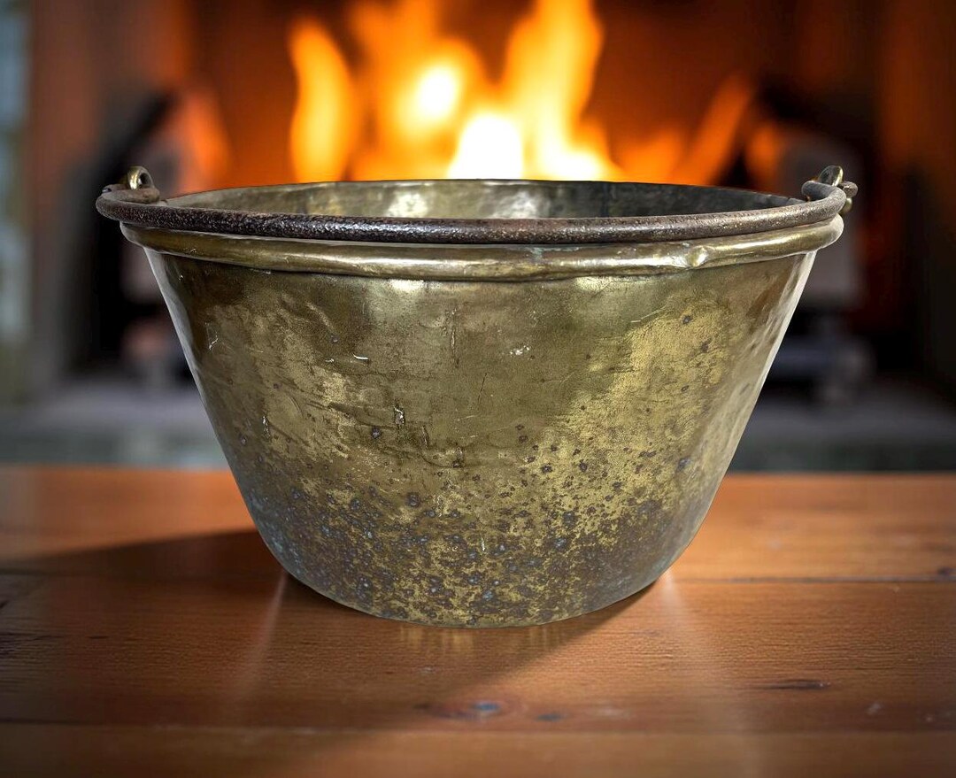 Antique 17” Hammered Brass Cauldron: Rustic Farmhouse Pot Kettle Decor ...