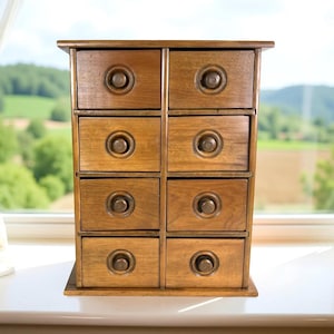 Antique Spice Cabinet 8 Drawer Wall Hanging, Apothecary, Spices, Seeds Kitchen Wood Storage Box, Rustic Country Cottage Farmhouse Decor