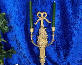 Vintage 1960s Solid Brass Wall Sconce, Ornate Hollywood Regency Baroque Rococo, Double Arm Taper Candle Stick Holder, Heavy Cast Brass