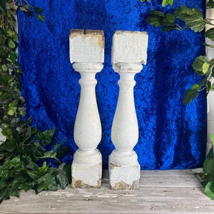Antique Architectural Salvage Wood Baluster, Heavy 19”, Set of 2 Distressed White Paint Porch Column Spindle