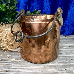 Antique 1800s Copper Hanging Pot Bucket Pail, Forged Iron Handle, Primitive Rustic French Country Cottage Farmhouse Kitchen Fireplace Decor