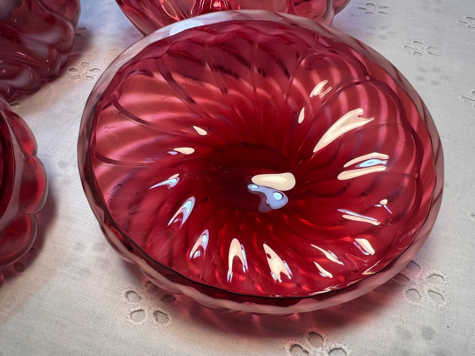 Vintage 1990s Fenton Art Glass, Set of 2 Cranberry Opalescent Spiral