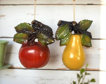 Vintage Chalkware Fruit Wall Plaques, Mid Century Farmhouse Decor