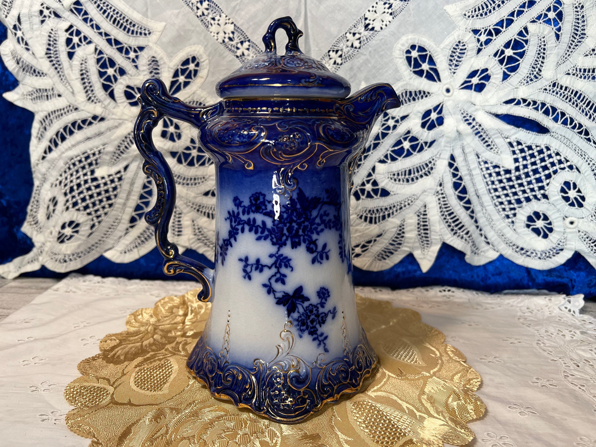 Antique Flow Blue Chocolate Pot: La Belle, Wheeling Pottery