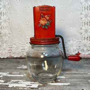 Vintage Farmhouse Nut Grinder/ Spice Grinder/ Red Tin/ Floral Design/ Retro  Kitchen Decor/ Nut Jar/ Cottage 