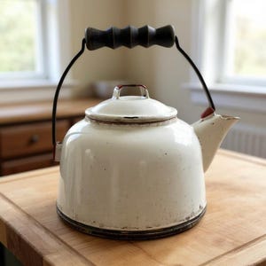 Vintage White Enamelware Tea Kettle: Red Trim, Wood Handle, Primitive Farmhouse Kitchen Decor