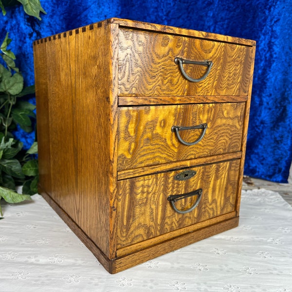 Stunning Vintage Japanese Tansu Wood Storage Box, 3 Drawers w/ Hirute Handles, Dovetail Edges, Sewing Notions, Office Art Supplies, Jewelry