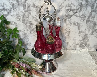 Antique 1800s Victorian Castor Set w/ Working Servant Bell, Ruby Glass & Silverplate Cruet Condiment Jars, Meriden Britannia Co.