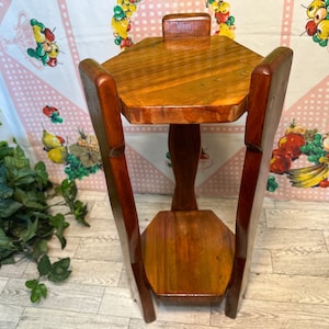 Vintage Mid Century Plant Stand, End Side Table, Mission Style 2 Tier Hexagonal, Lovely Wood Furniture Decor Storage, 18” Tall