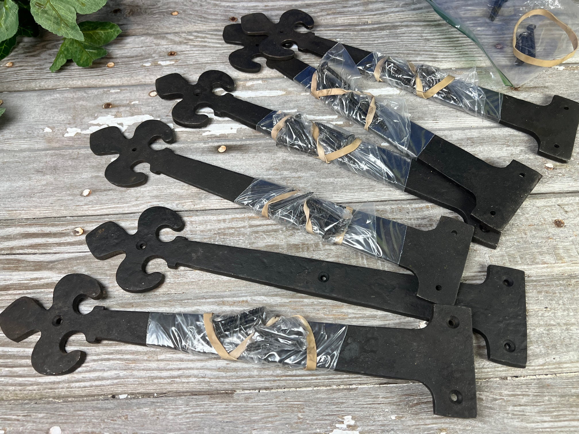 thumbnail image 2 of Renovators Supply 12" Fleur De Lis Dummy Hinge Strap – Antique Black Wrought Iron – Decorative Door Accent (Model 15794) 2 of 3