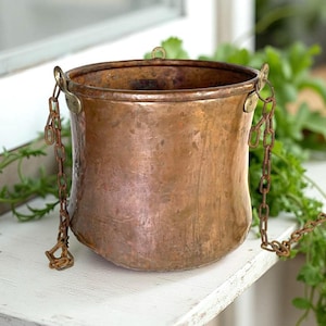 Antique 1800s Copper Hanging 2 Gallon Pot, Dovetail Seams, 3 Chains, Rustic French Country Cottage Farmhouse Kitchen Fireplace Decor