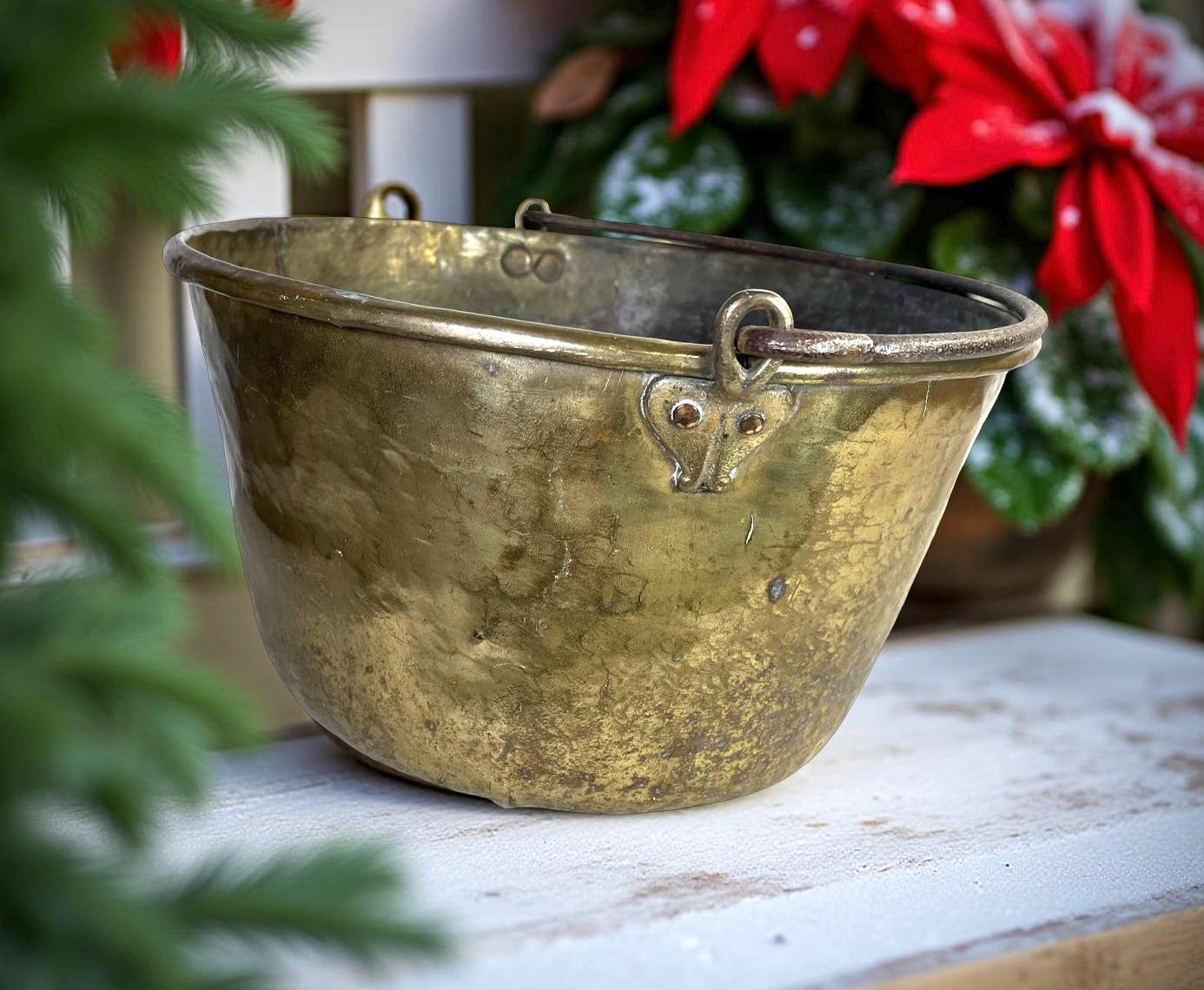 Antique 17” Hammered Brass Cauldron: Rustic Farmhouse Pot Kettle Decor ...