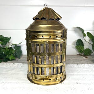 Antique 1800s Brass Candle Lantern Lamp, Original Mica Windows, Maritime Ship Coastal Beach Decor, French Farmhouse Style Decor