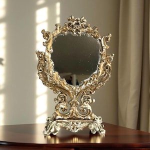 Vintage Mid Century Art Nouveau Cast Iron Vanity Mirror, Tabletop, Dresser, Distressed White Gold Paint, Romantic Bedroom Cottage Decor
